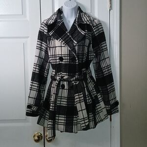 Jou Jou  black white plaid stylish wool blend pea coat  Sz S EUC